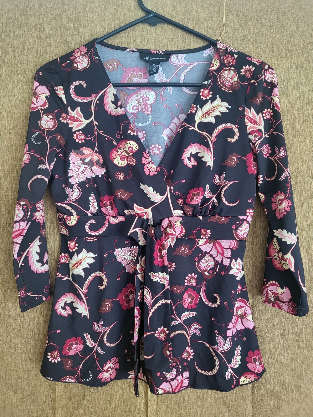 INC International Concepts Black Wrap Blouse with Pink Floral Print